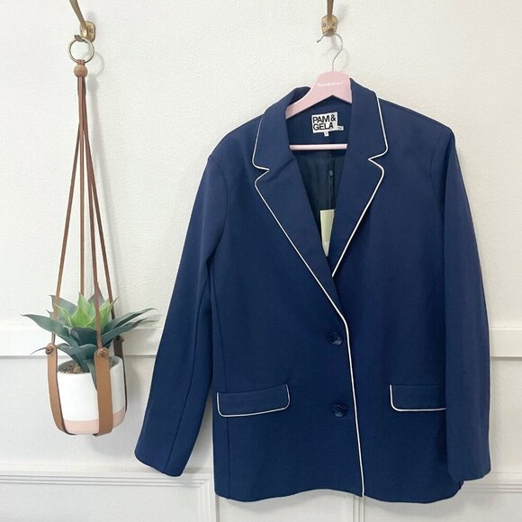 NWT Pam & Gela Boyfriend Track Blazer Navy Women’s Size M Oversized Tailored - Picture 2 of 8